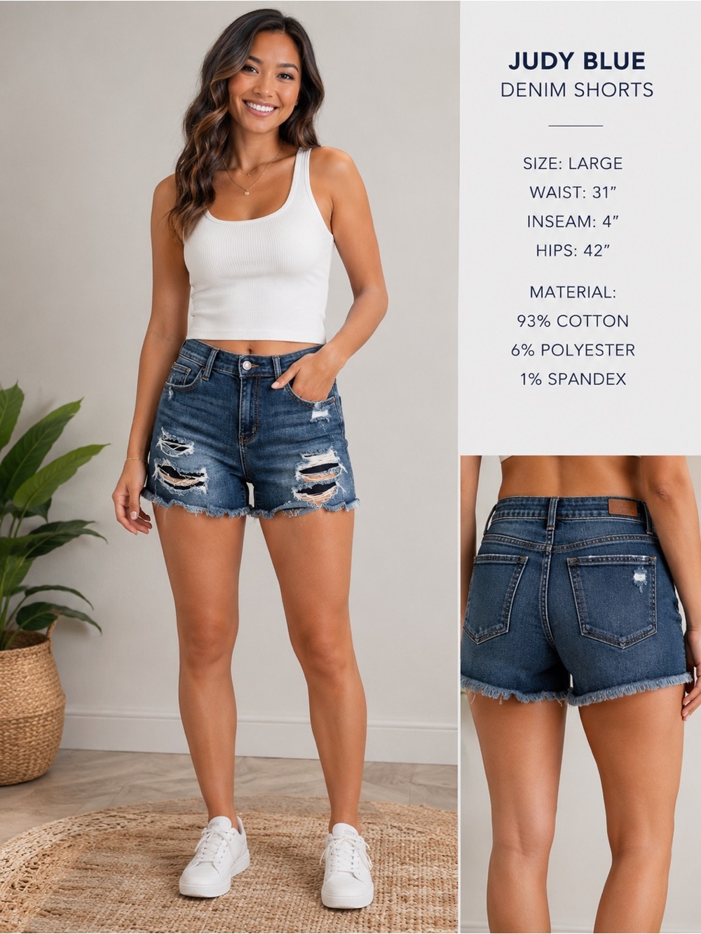 Judy Blue Distressed Denim Shorts | Size Large | Raw Hem Stretch Shorts 31